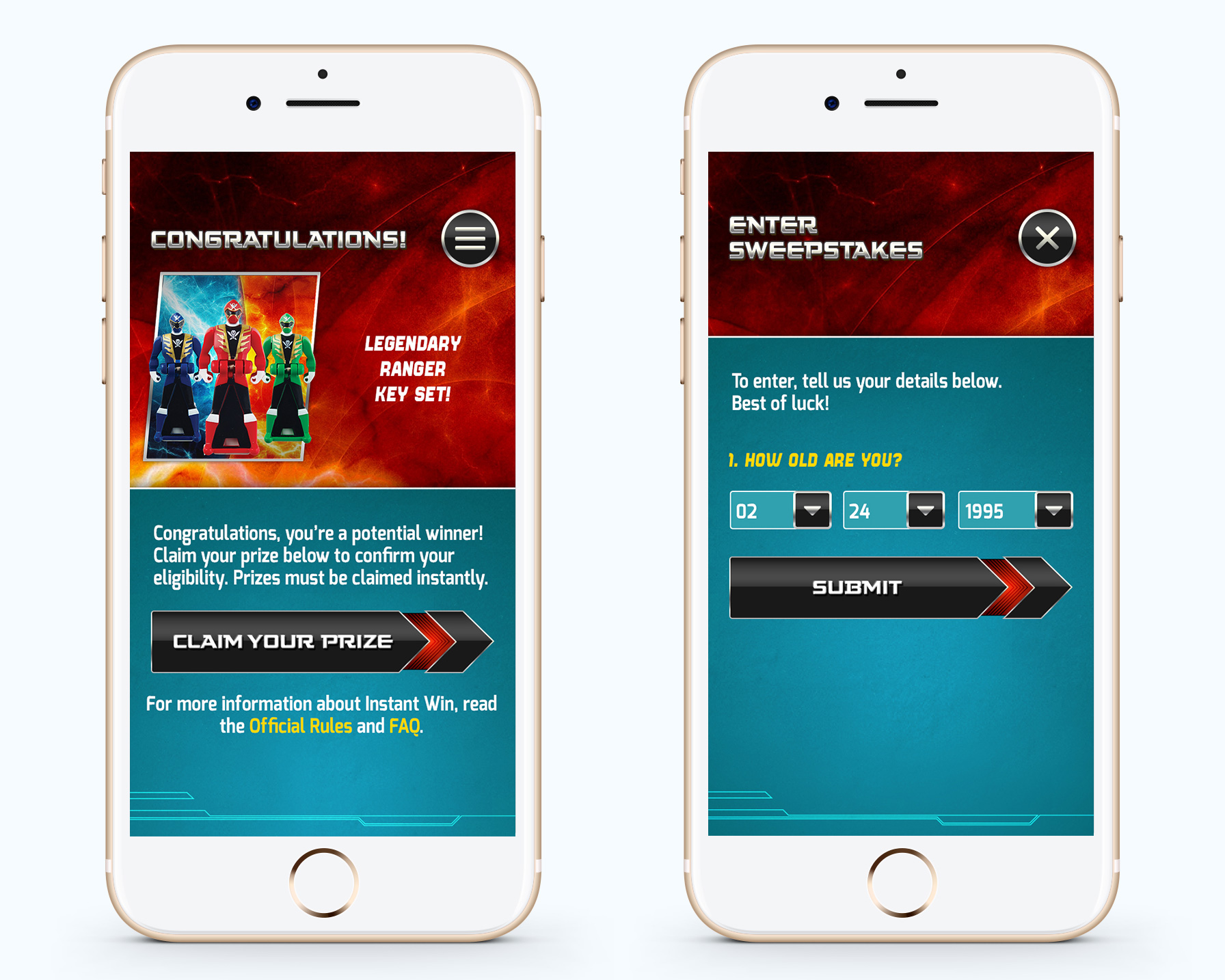 Power Ranger Sweepstakes Main Landing Screen