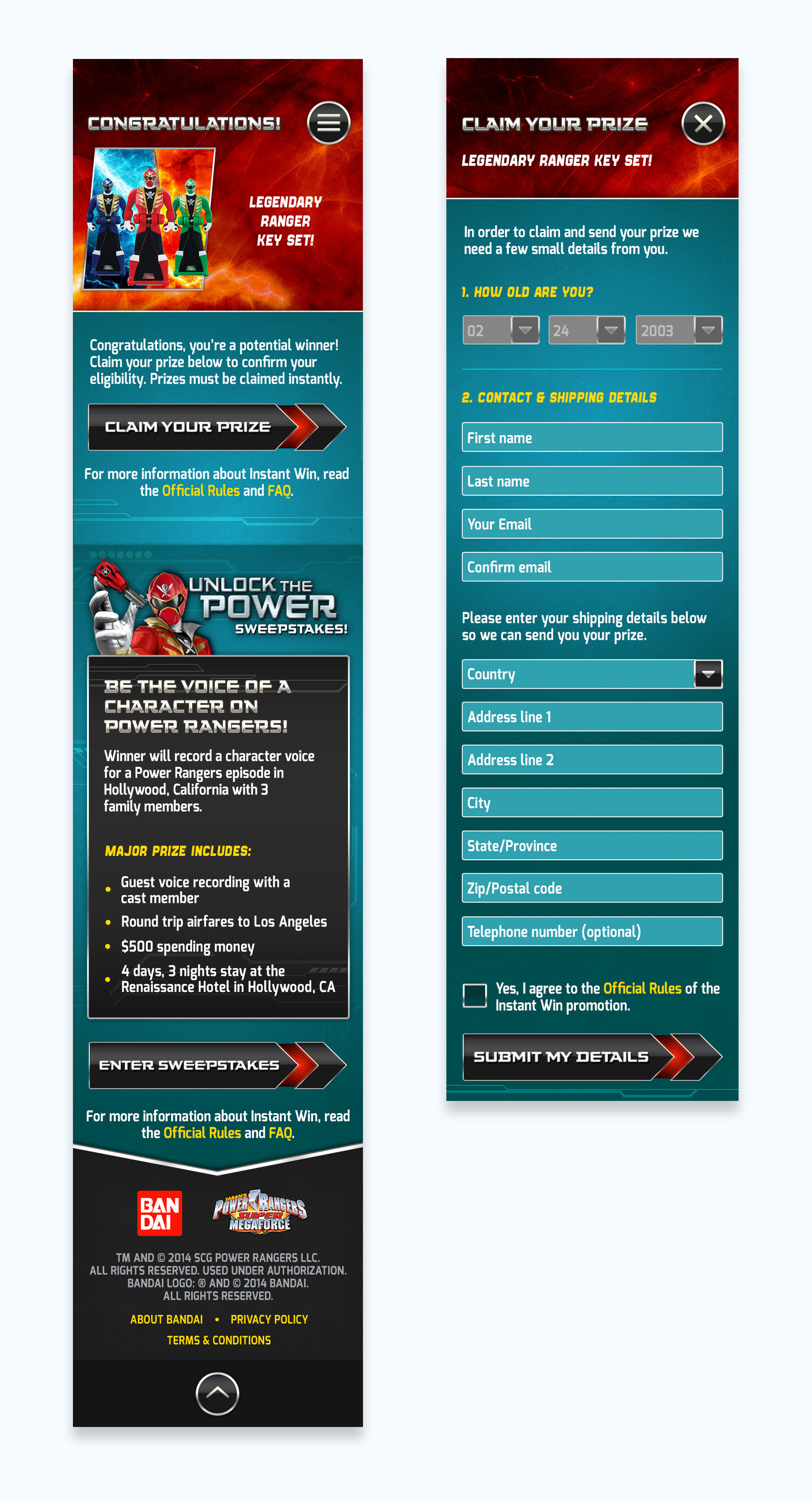 Power Ranger Sweepstakes Forms