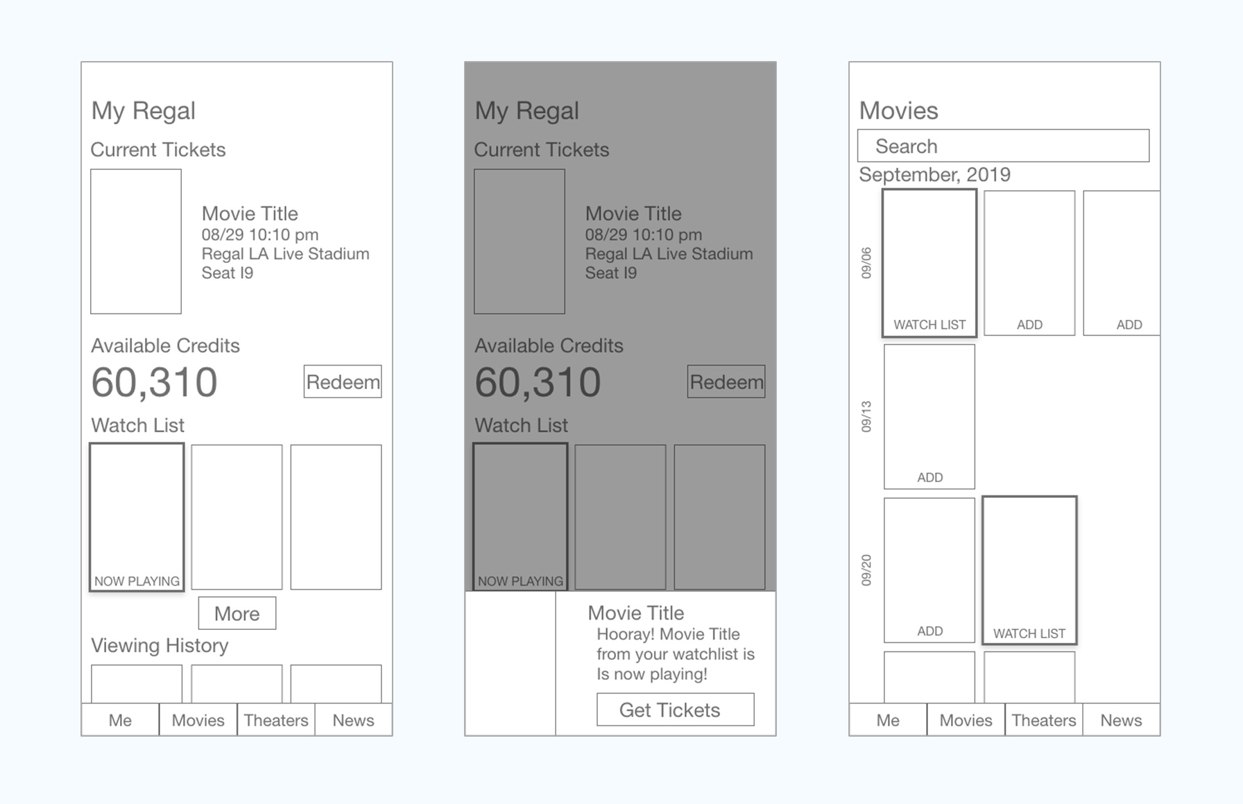 Regal Cinemas App Wireframes