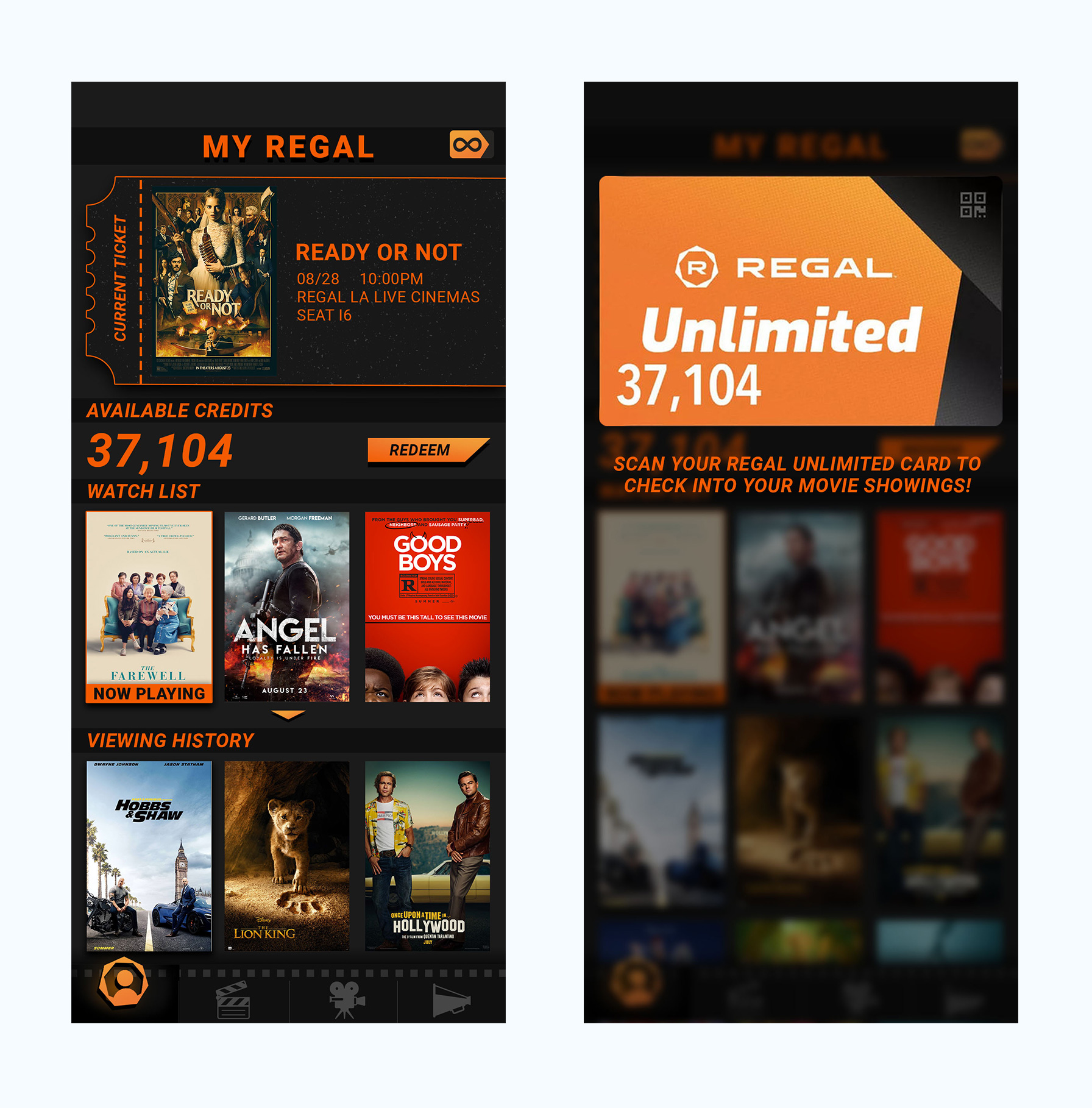 Regal Cinemas App User Home Screen