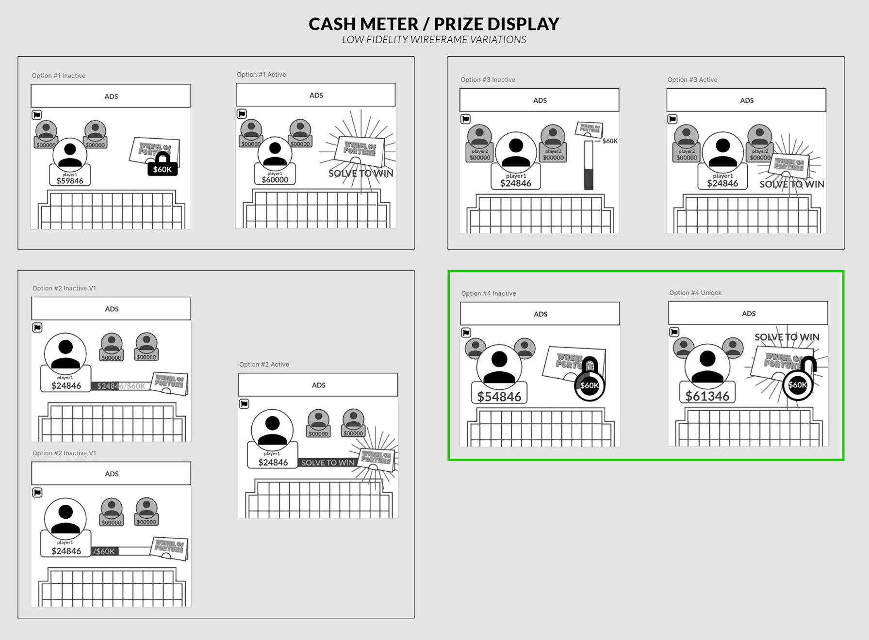 Wheel of Fortune Feature Low Fidelity Wireframes